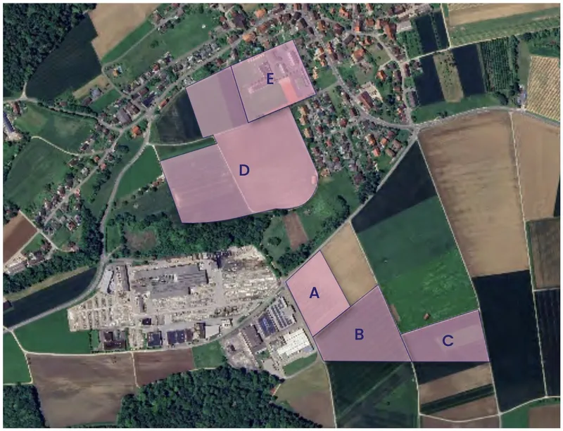 Lageplan vom Festgländ mit de Zone A–E
