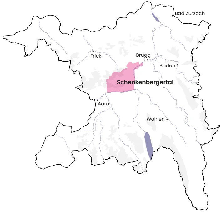 Karte vom Kanton Aargau mit em markierte Schenkebergertal zwüsche Aarau und Brugg